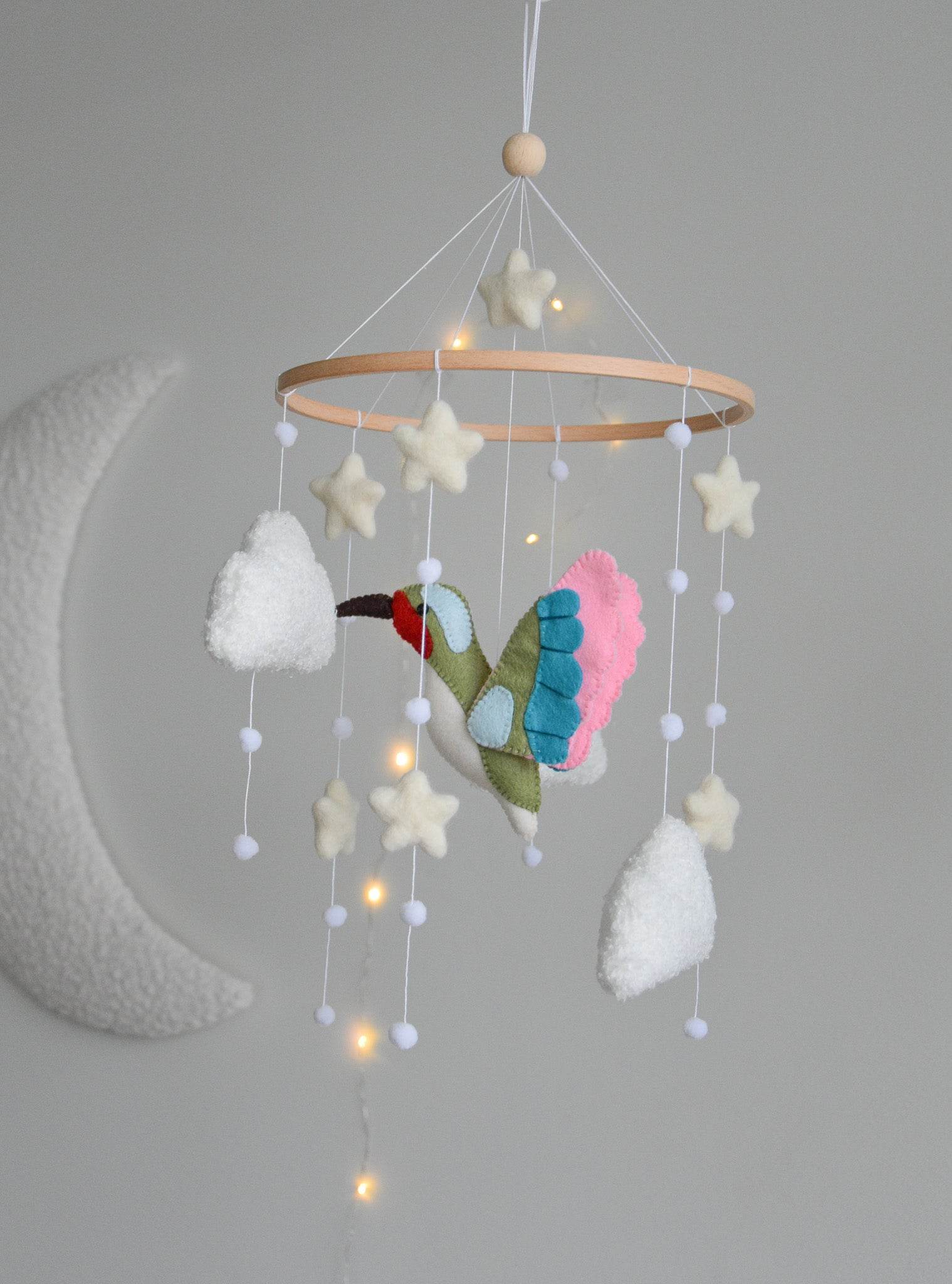 Hummingbird and boucle clouds baby nursery mobile - Minidreams Decor