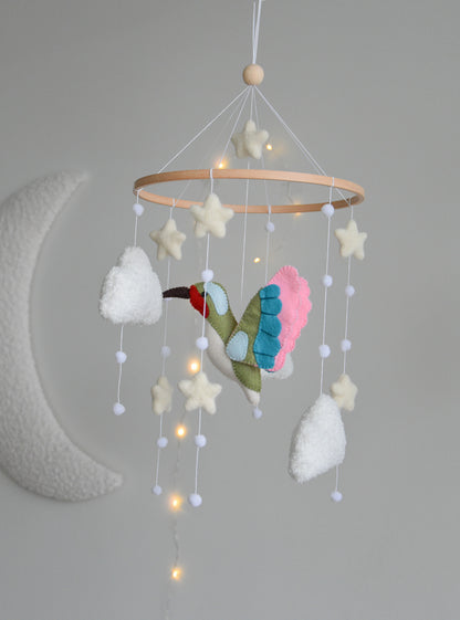 Hummingbird and boucle clouds baby nursery mobile