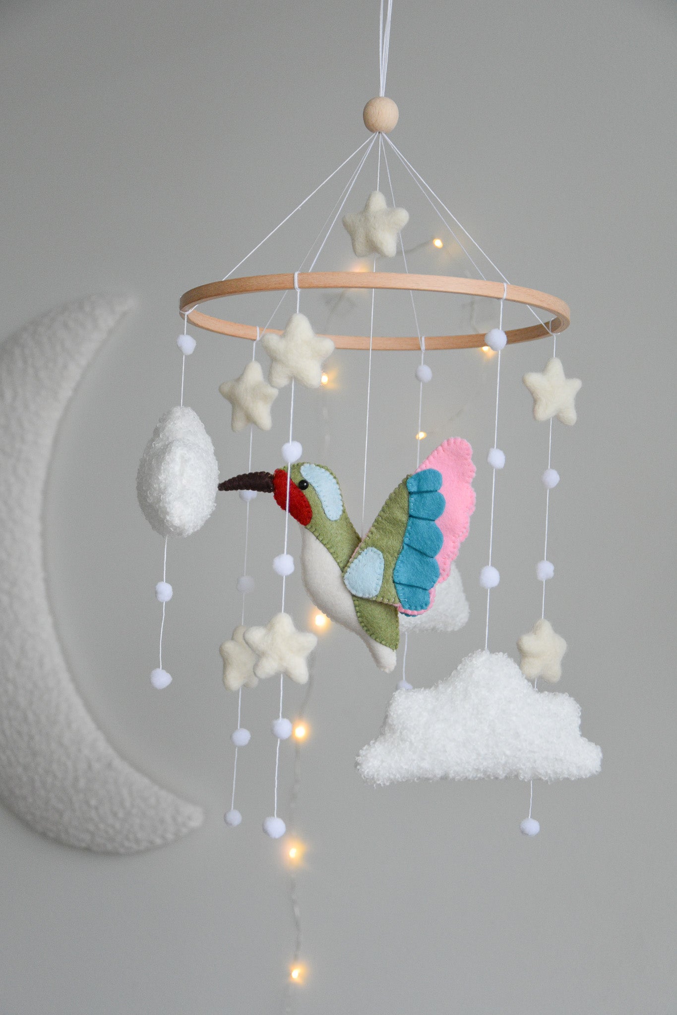 Hummingbird and boucle clouds baby nursery mobile