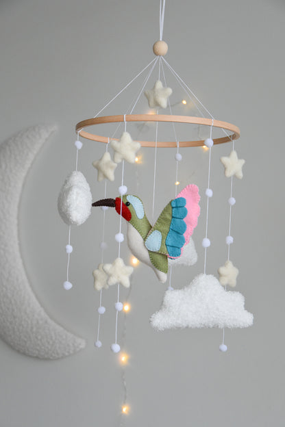 Hummingbird and boucle clouds baby nursery mobile