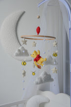 Winnie Pooh Baby Nursery Mobile with Boucle Clouds, Moon, and Bees