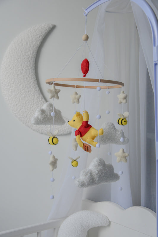 Winnie Pooh boucle clouds and moon baby nursery mobile with bees