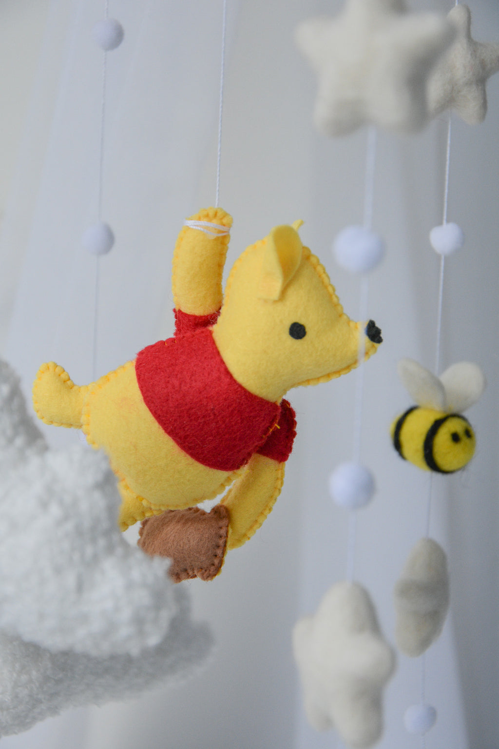 Winnie Pooh Baby Nursery Mobile with Boucle Clouds, Moon, and Bees