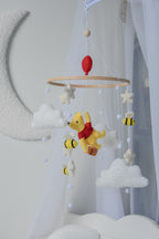 Winnie Pooh Baby Nursery Mobile with Boucle Clouds, Moon, and Bees