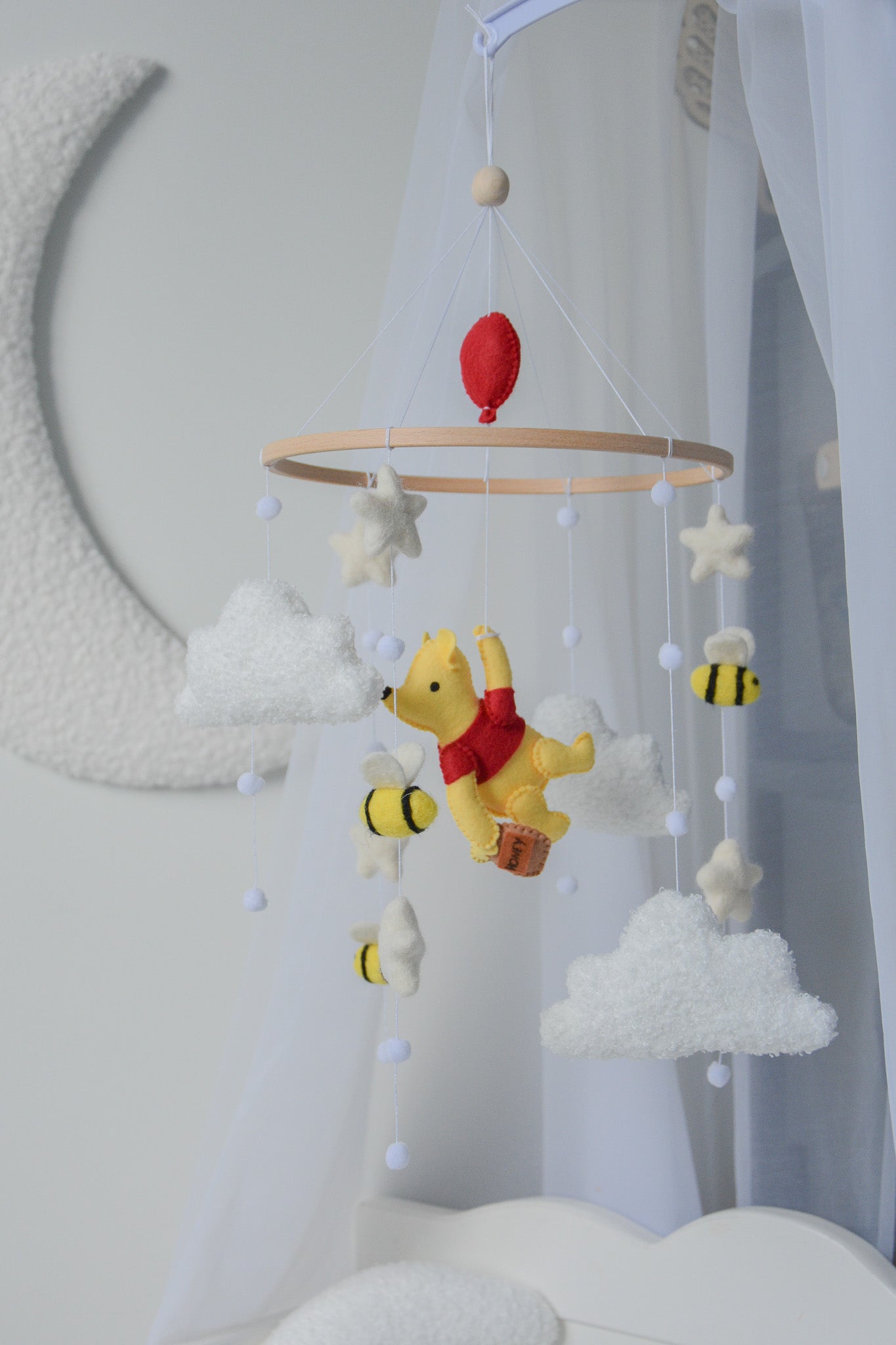 Winnie Pooh boucle clouds and moon baby nursery mobile with bees