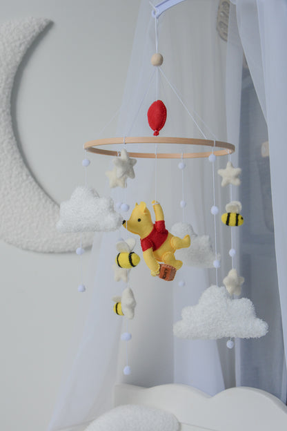 Winnie Pooh boucle clouds and moon baby nursery mobile with bees