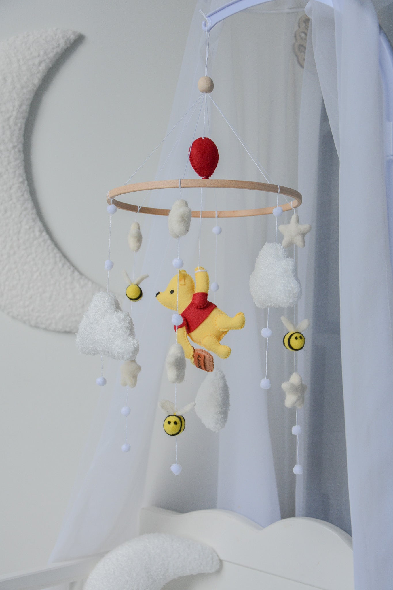 Winnie Pooh boucle clouds and moon baby nursery mobile with bees