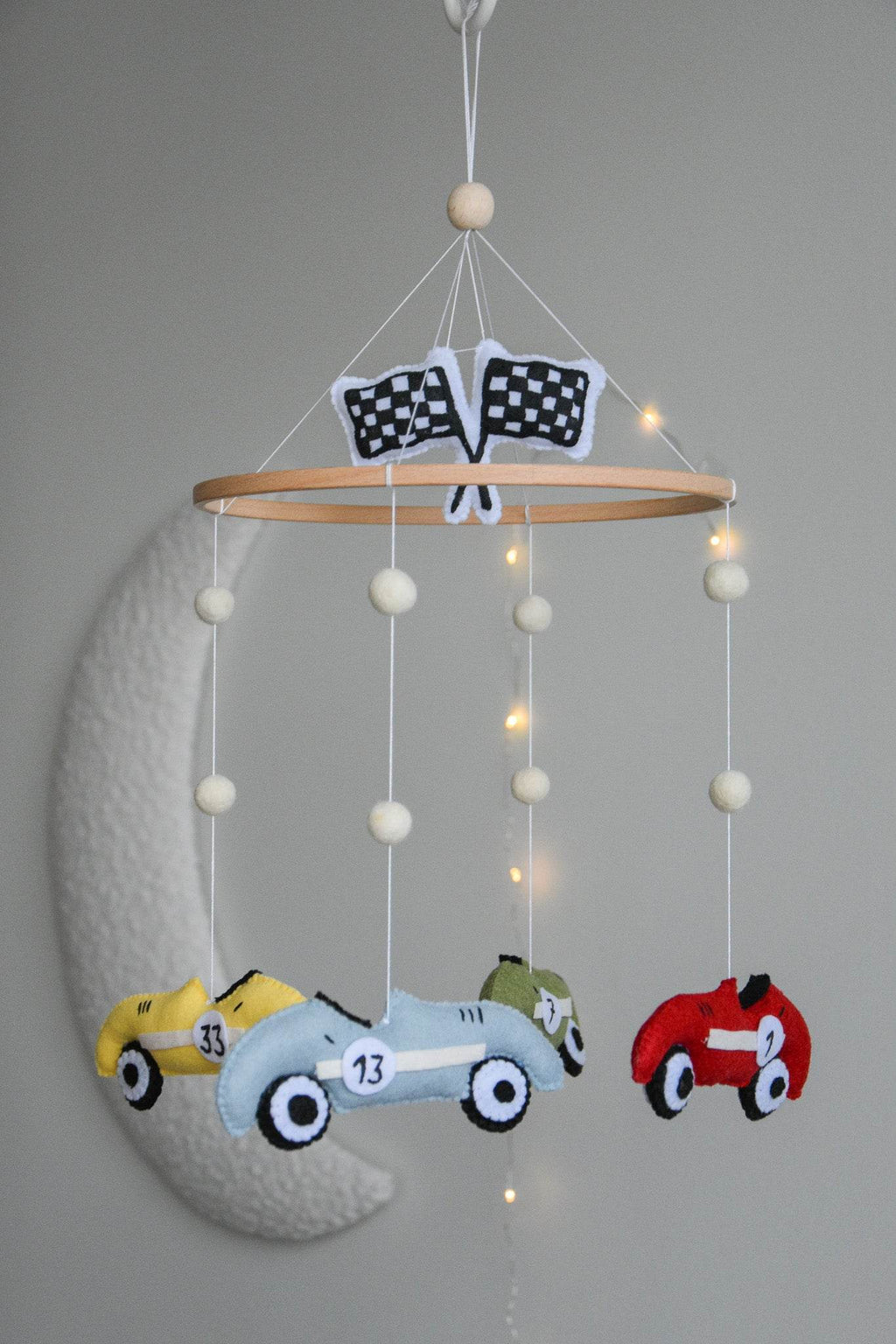 Handmade old school racing cars baby mobile, Neutral nursery mobile, Retro racing baby crib mobile - Minidreams Decor