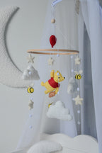Winnie Pooh Baby Nursery Mobile with Boucle Clouds, Moon, and Bees