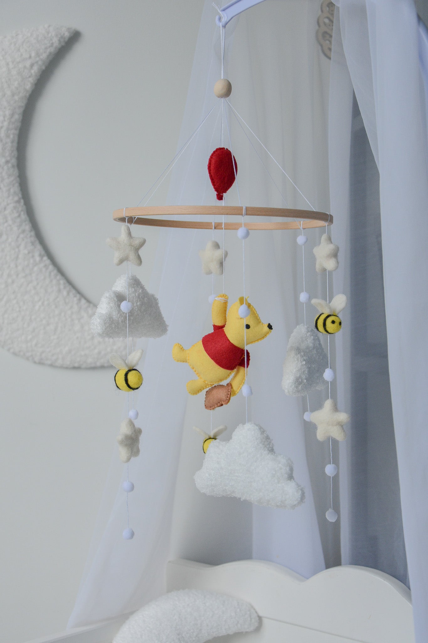 Winnie Pooh boucle clouds and moon baby nursery mobile with bees