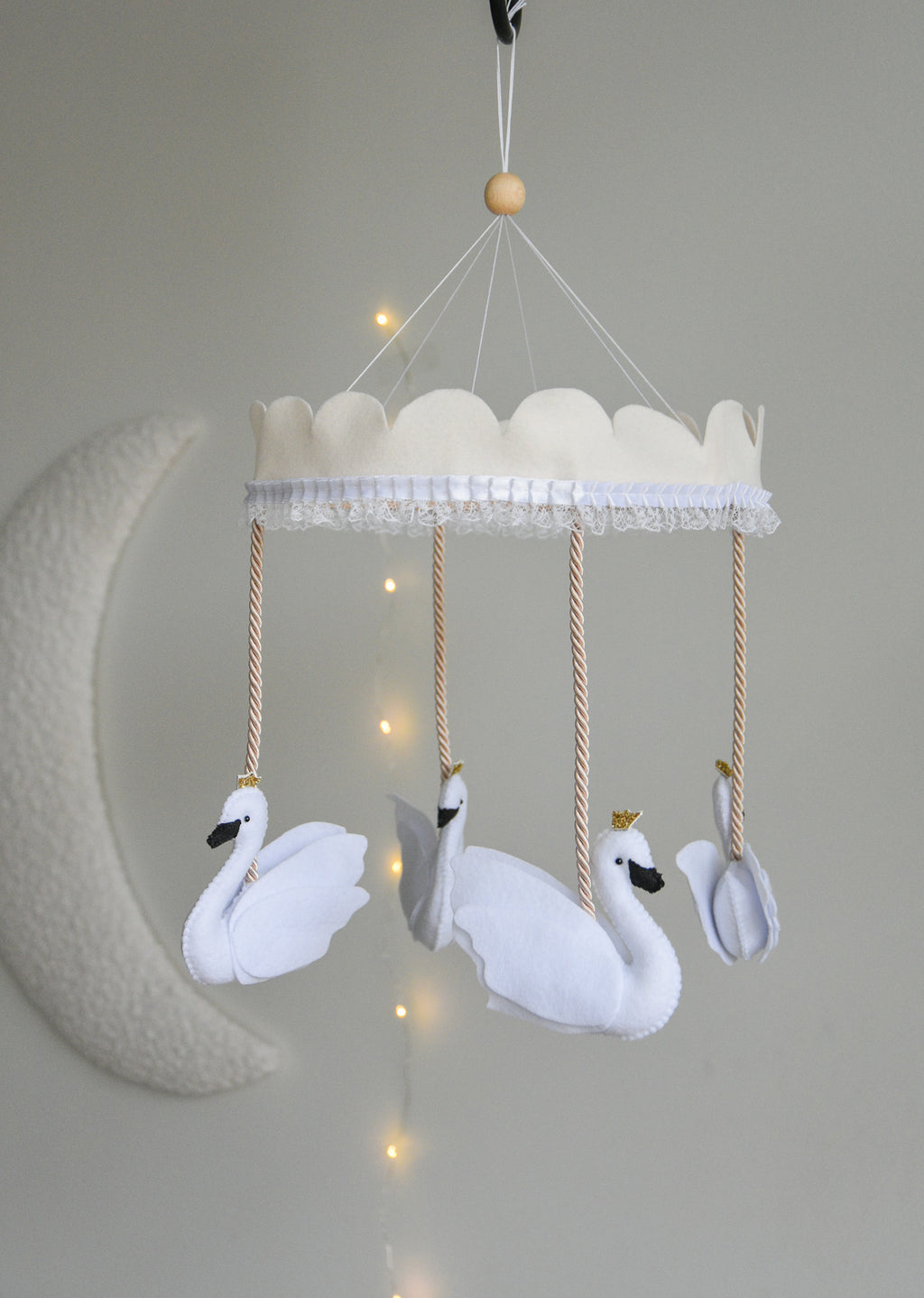 Vintage Swans Carousel Baby Mobile – Handmade Felt Crib Mobile