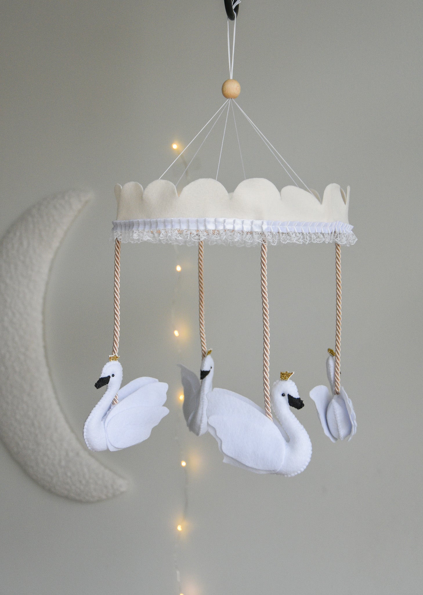 Vintage Swans Carousel Baby Mobile – Handmade Felt Crib Mobile