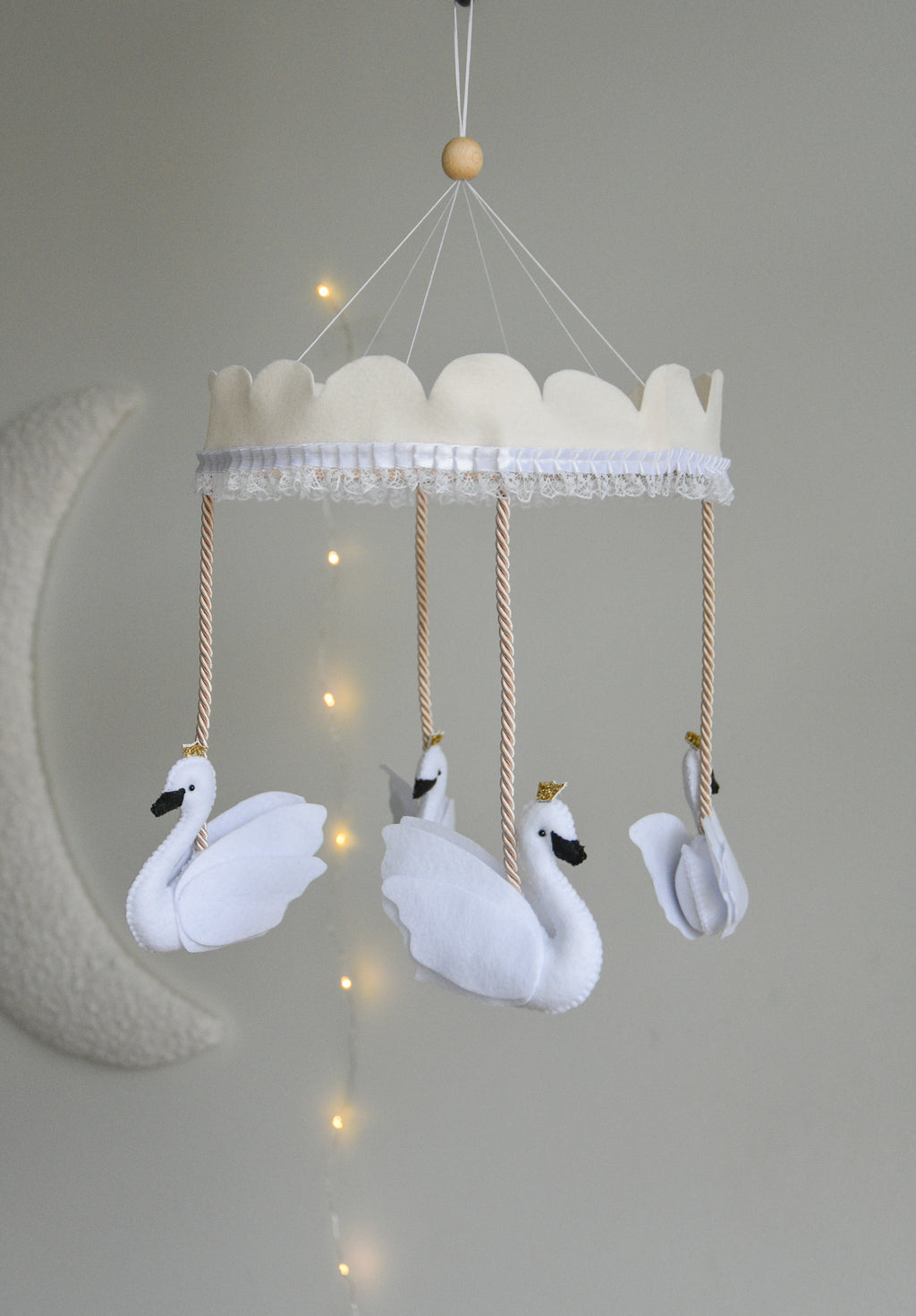 Vintage Swans Carousel Baby Mobile – Handmade Felt Crib Mobile