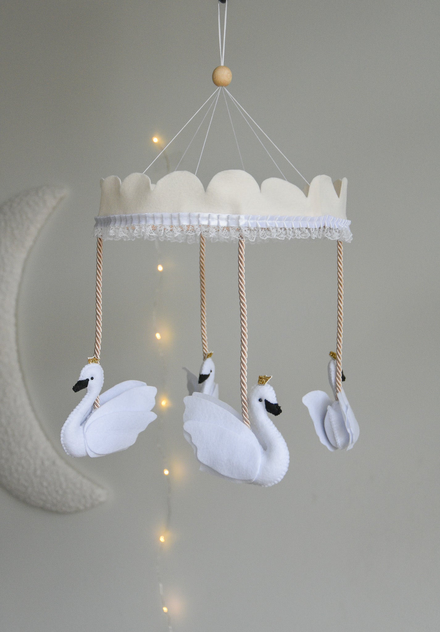 Vintage Swans Carousel Baby Mobile – Handmade Felt Crib Mobile