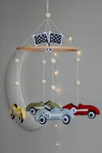 Handmade old school racing cars baby mobile, Neutral nursery mobile, Retro racing baby crib mobile - Minidreams Decor