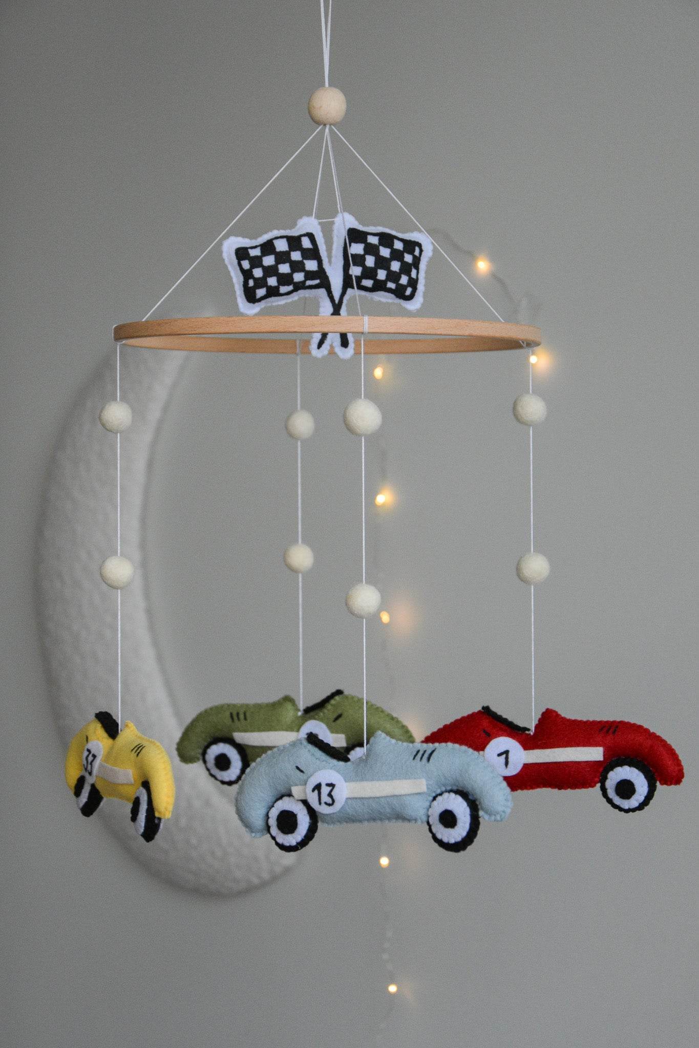 Handmade old school racing cars baby mobile, Neutral nursery mobile, Retro racing baby crib mobile - Minidreams Decor