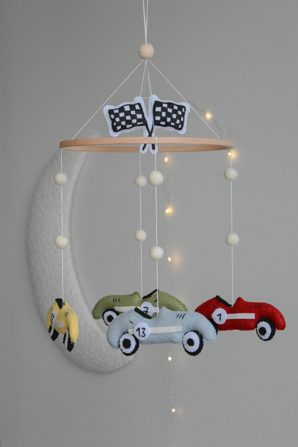 Handmade old school racing cars baby mobile, Neutral nursery mobile, Retro racing baby crib mobile - Minidreams Decor