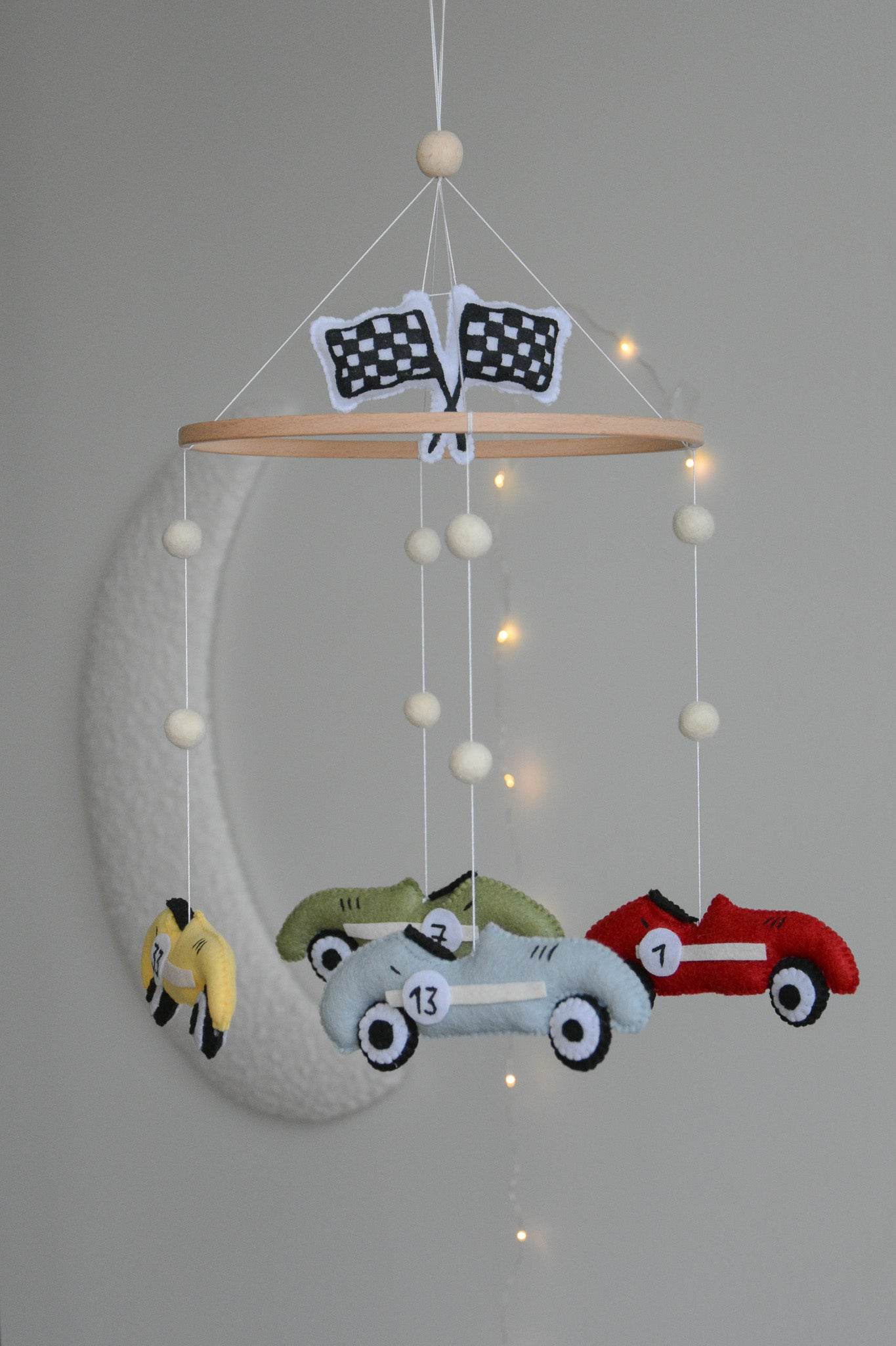 Handmade old school racing cars baby mobile, Neutral nursery mobile, Retro racing baby crib mobile - Minidreams Decor