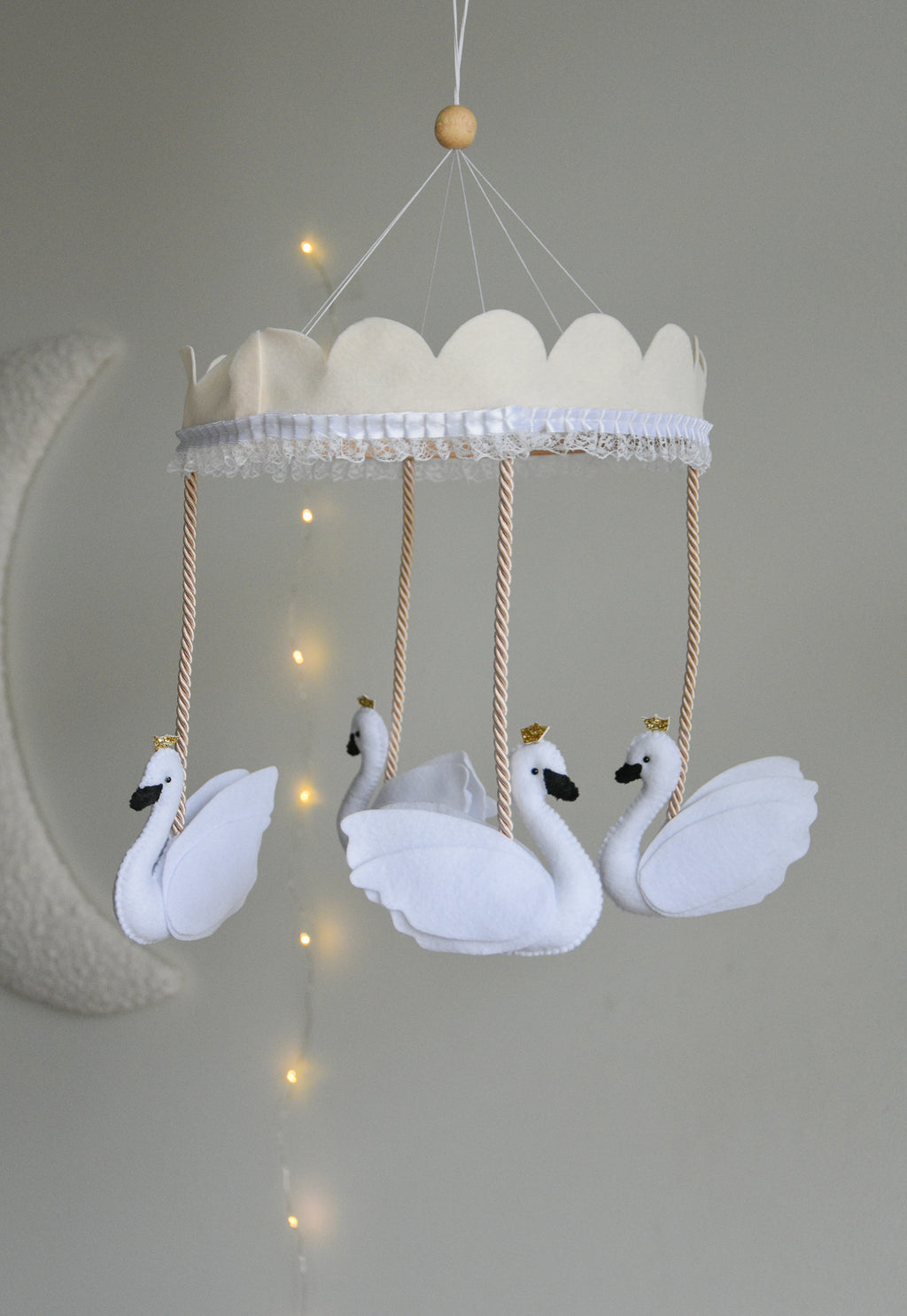 Vintage Swans Carousel Baby Mobile – Handmade Felt Crib Mobile