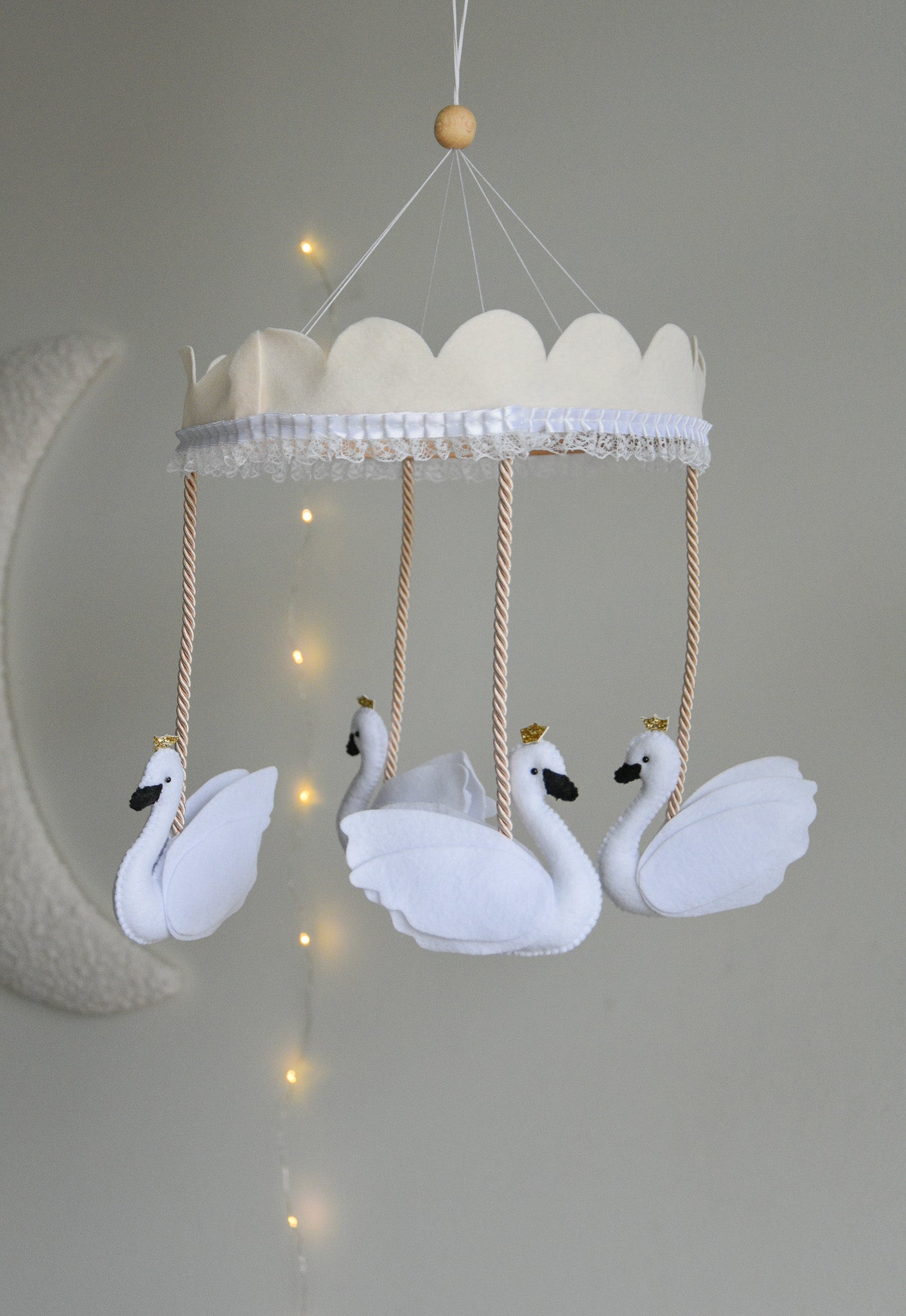 Vintage Swans Carousel Baby Mobile – Handmade Felt Crib Mobile