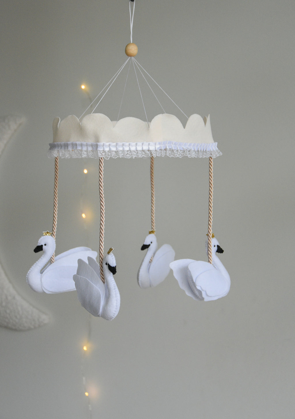 Vintage Swans Carousel Baby Mobile – Handmade Felt Crib Mobile