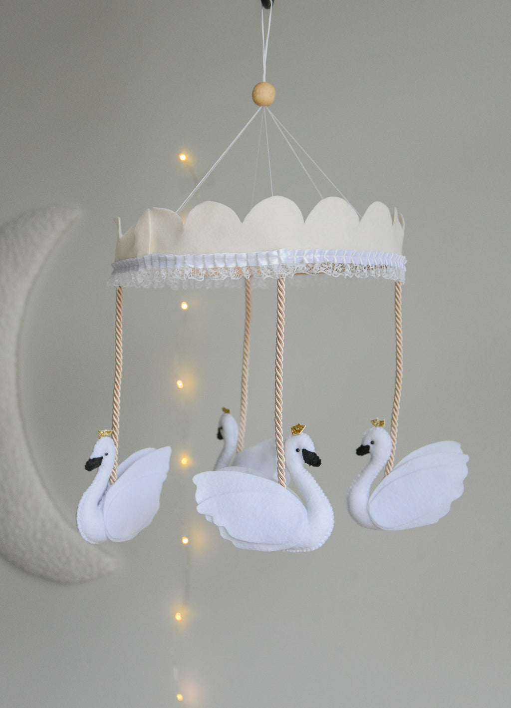 Vintage Swans Carousel Baby Mobile – Handmade Felt Crib Mobile