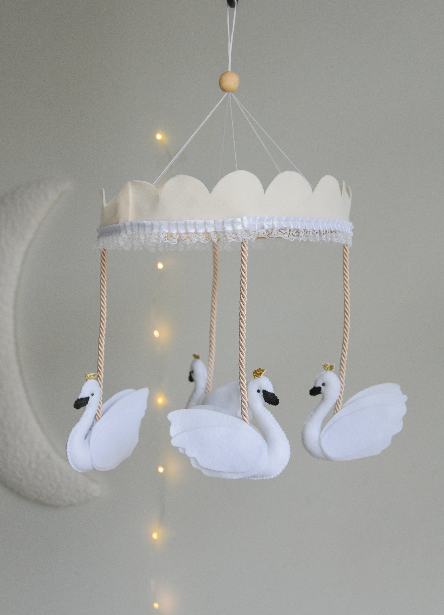 Vintage Swans Carousel Baby Mobile – Handmade Felt Crib Mobile