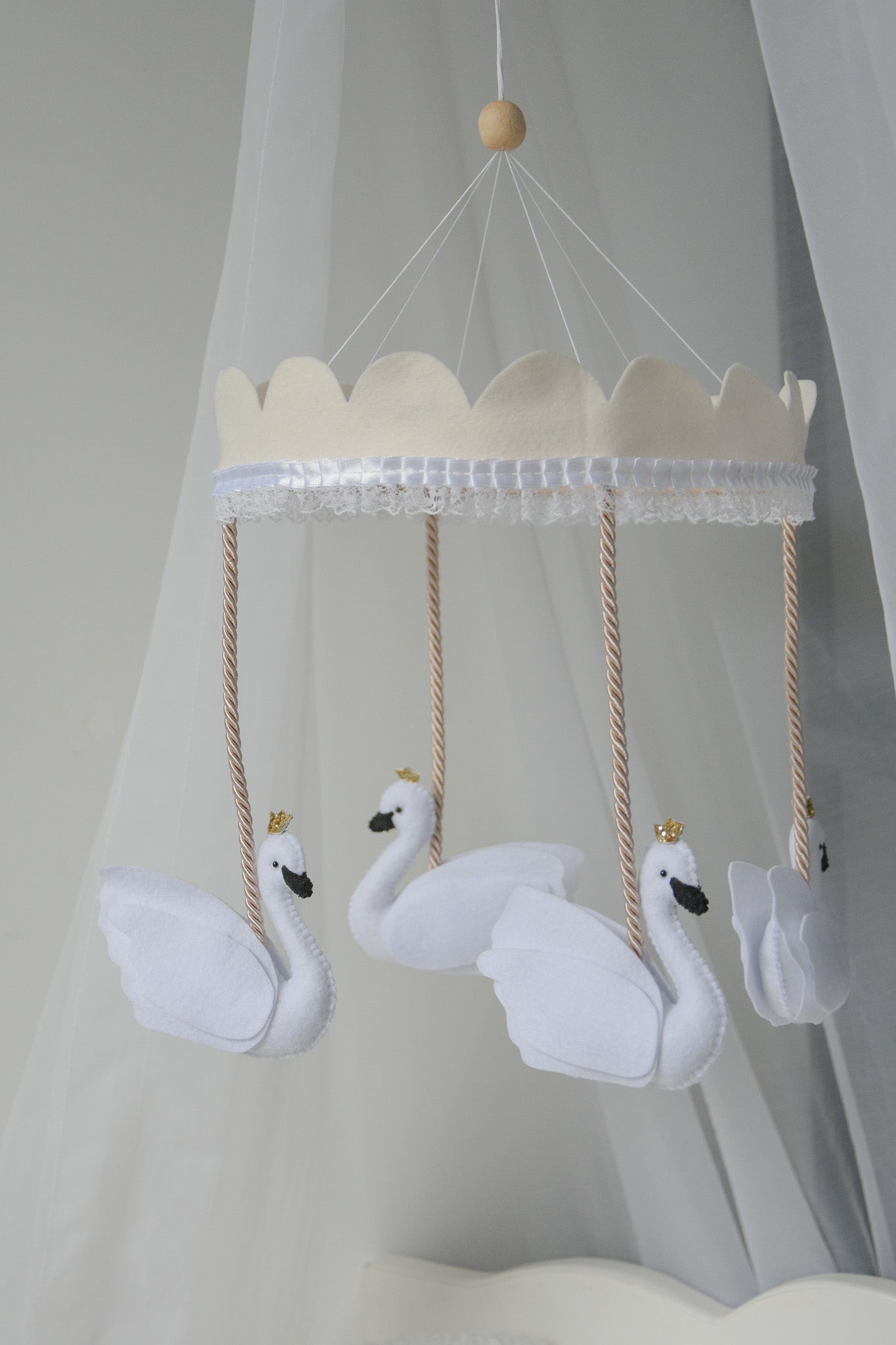 Vintage Swans Carousel Baby Mobile – Handmade Felt Crib Mobile