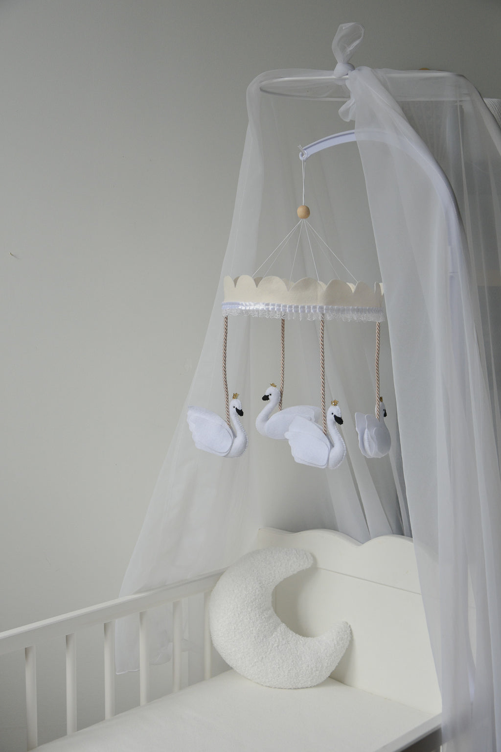 Vintage Swans Carousel Baby Mobile – Handmade Felt Crib Mobile