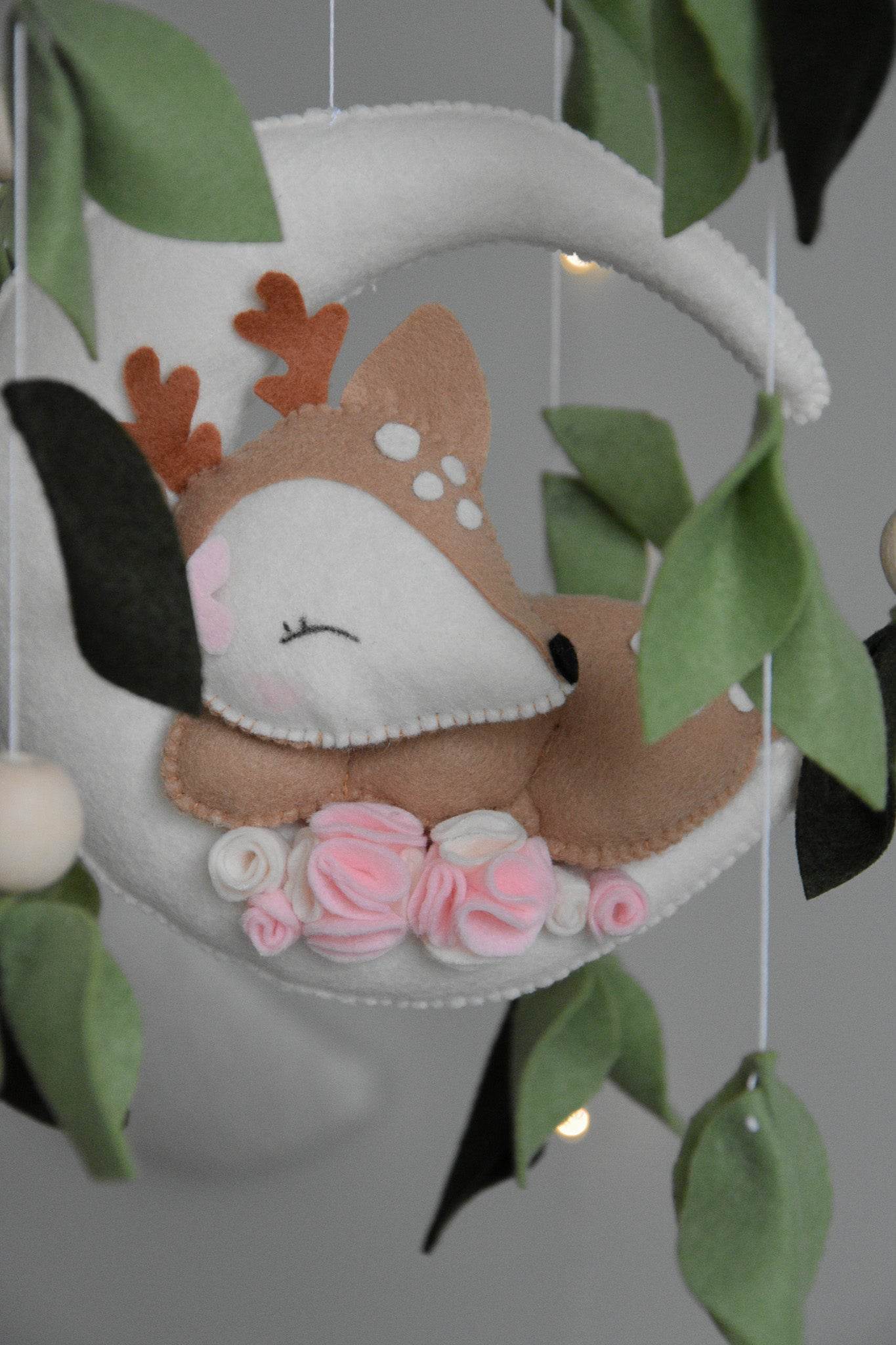 Woodland cute Deer on the moon, Forest floral Themed Baby crib Mobile - Minidreams Decor