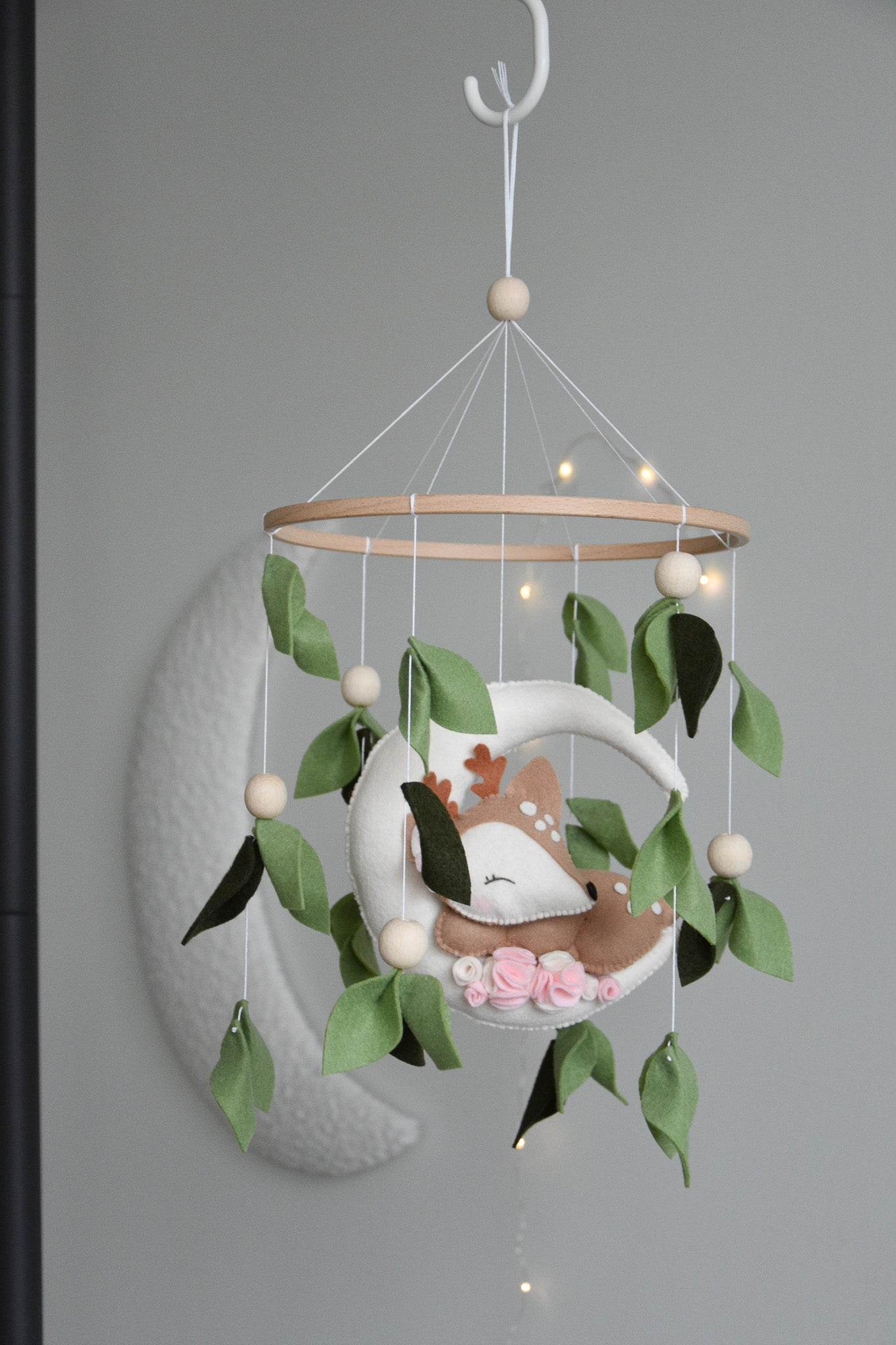 Woodland cute Deer on the moon, Forest floral Themed Baby crib Mobile - Minidreams Decor