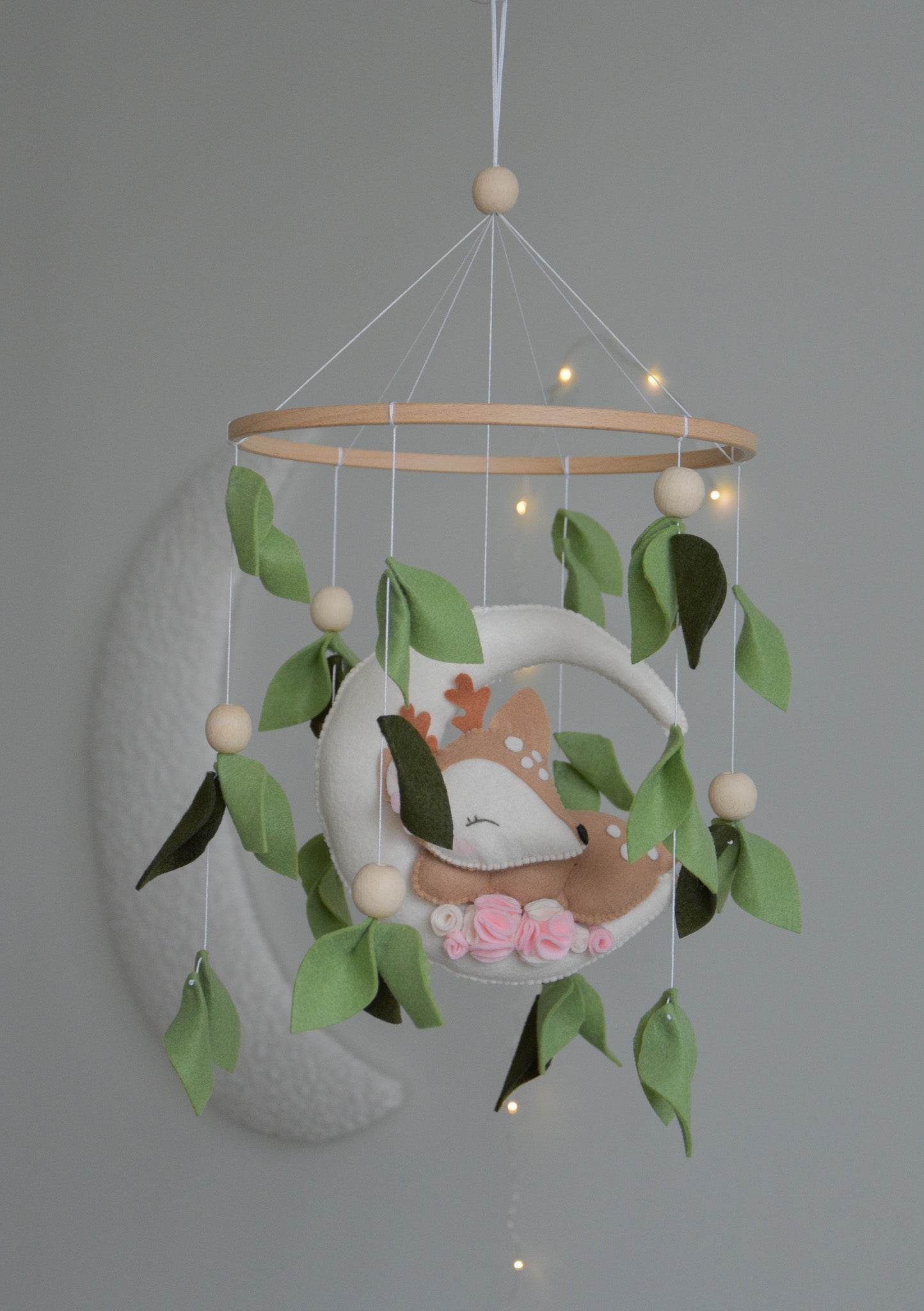 Woodland cute Deer on the moon, Forest floral Themed Baby crib Mobile - Minidreams Decor