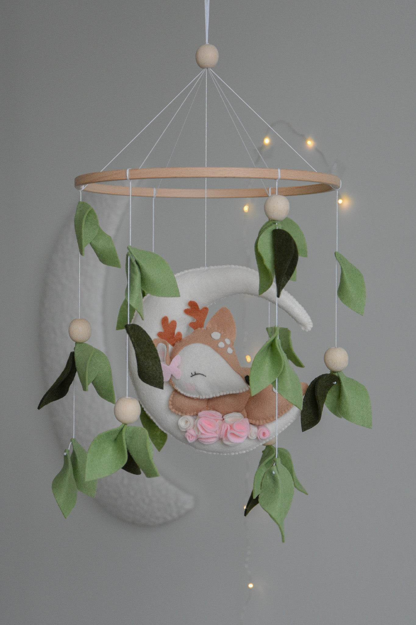 Woodland cute Deer on the moon, Forest floral Themed Baby crib Mobile - Minidreams Decor