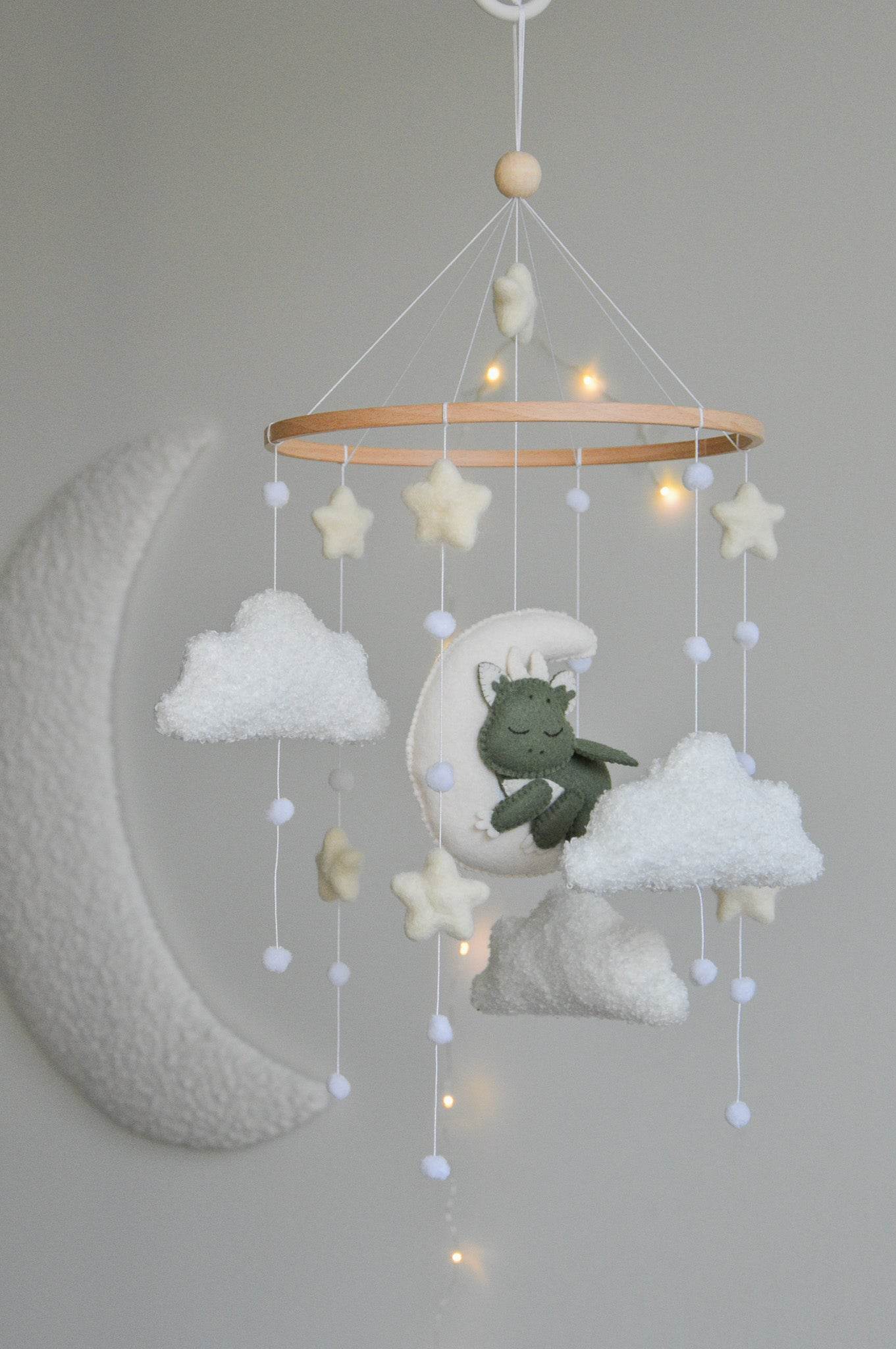 Dragon Boucle clouds and moon baby nursery mobile - Minidreams Decor