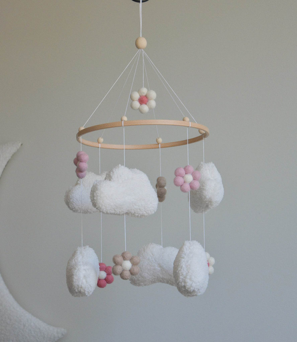 Teddy handmade clouds and daisy baby mobile - Minidreams Decor