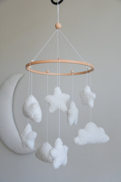 Boucle clouds and moon baby nursery mobile