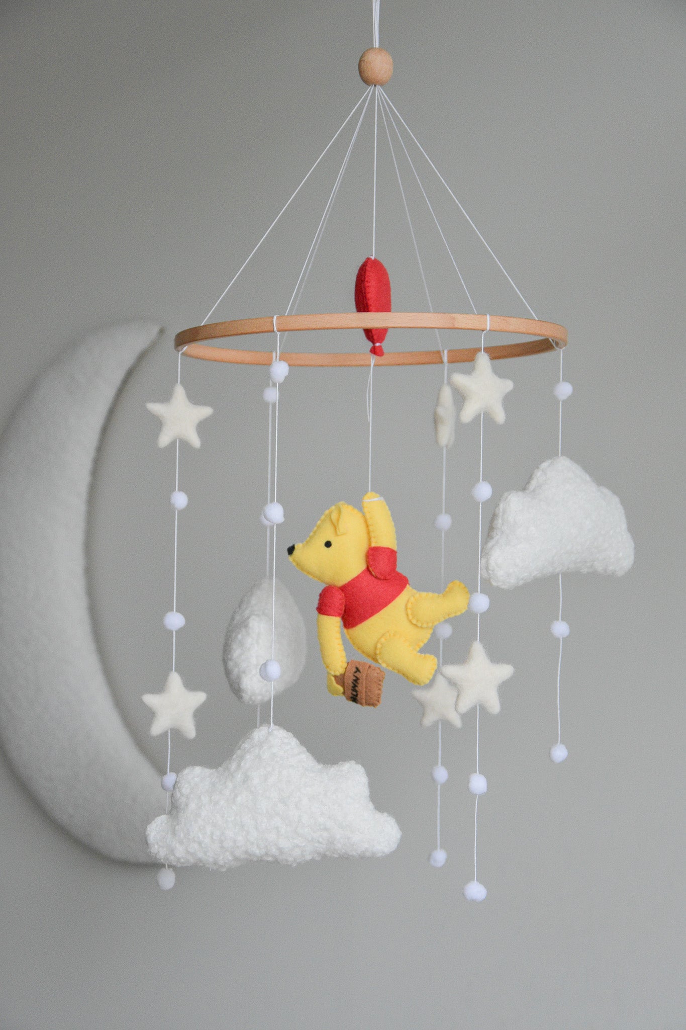 Winnie Pooh boucle clouds and moon baby nursery mobile