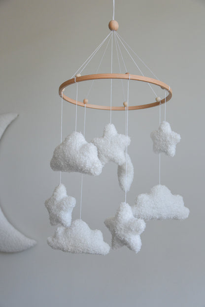 Boucle clouds and moon baby nursery mobile