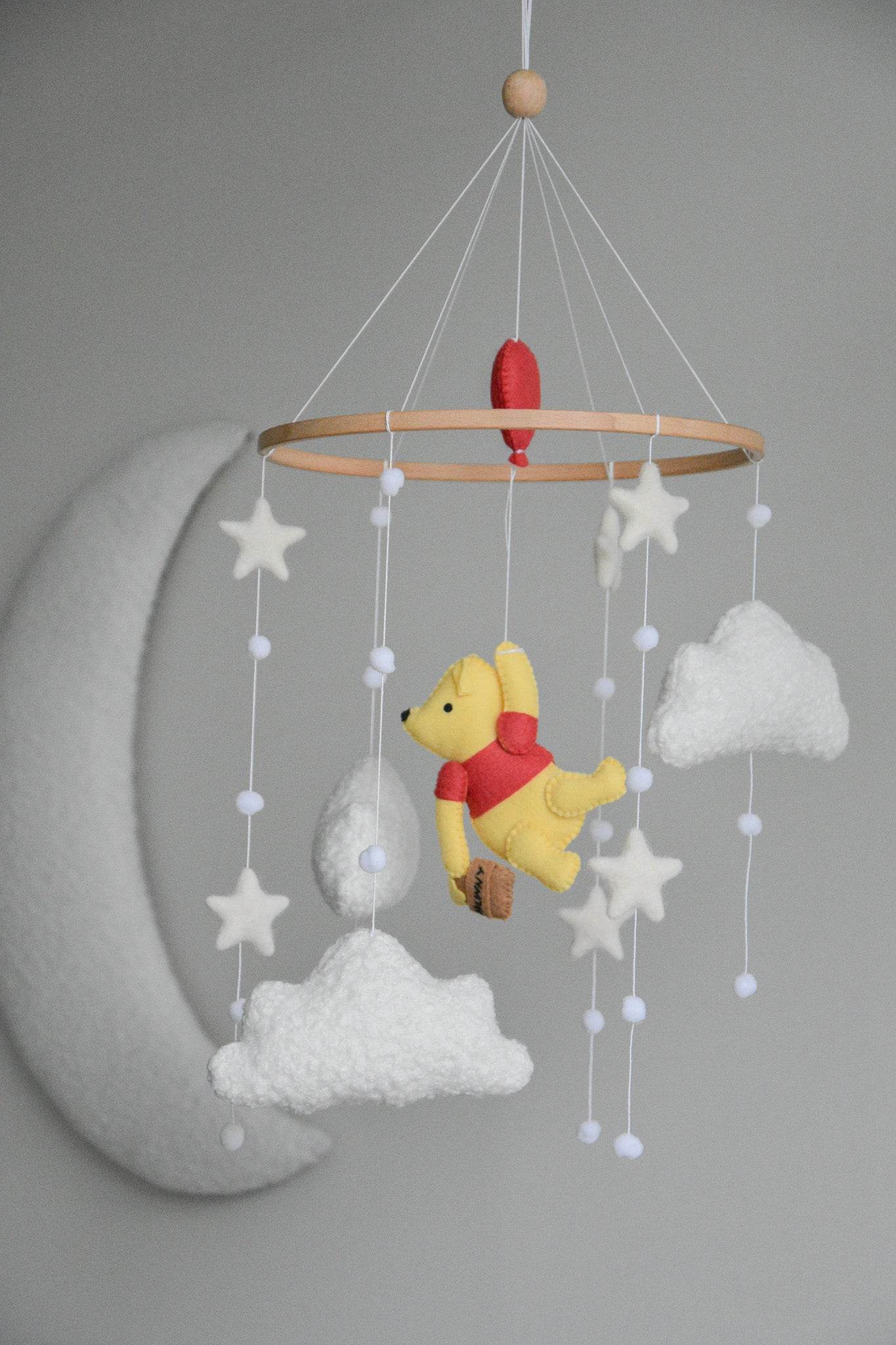 Winnie Pooh boucle clouds and moon baby nursery mobile - Minidreams Decor