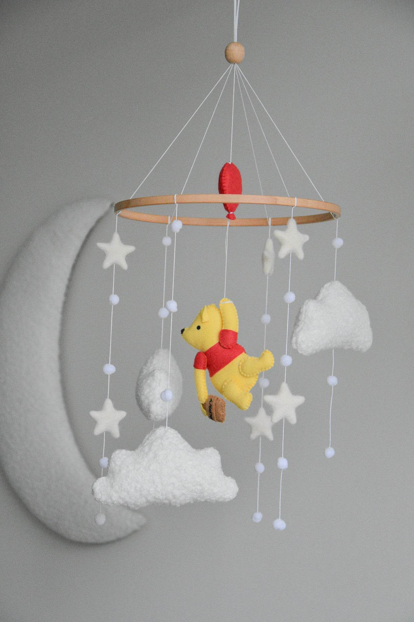 Winnie Pooh boucle clouds and moon baby nursery mobile - Minidreams Decor