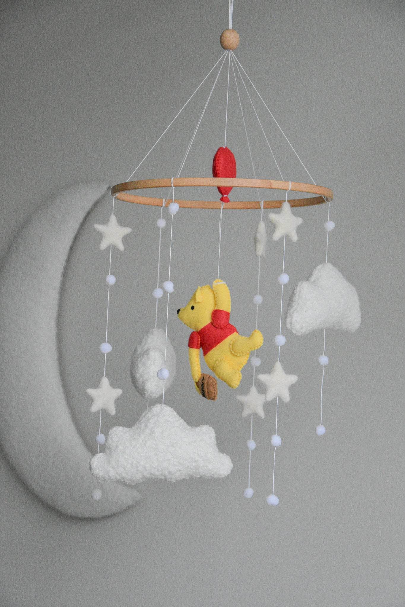 Winnie Pooh boucle clouds and moon baby nursery mobile - Minidreams Decor