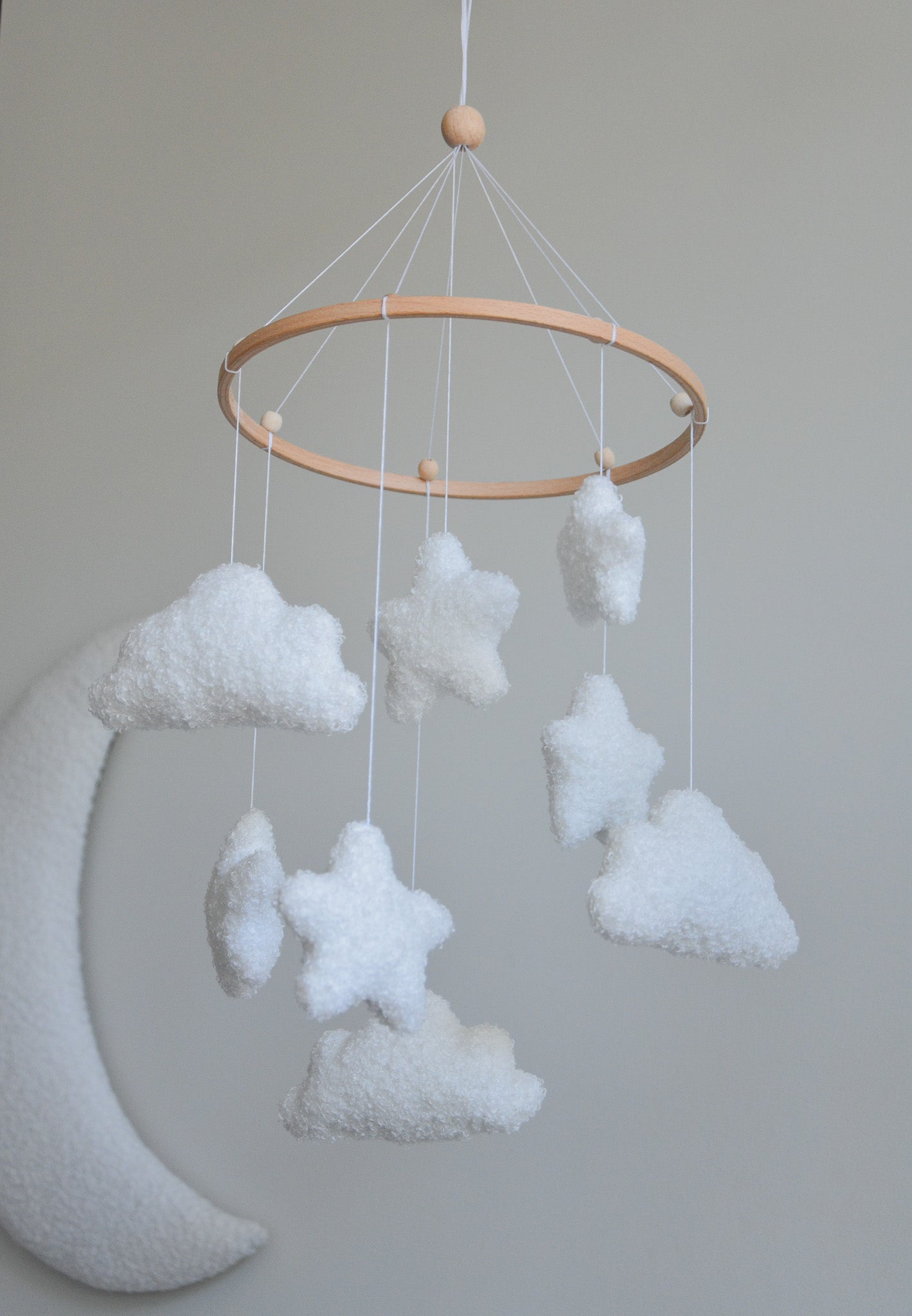 Boucle clouds and moon baby nursery mobile