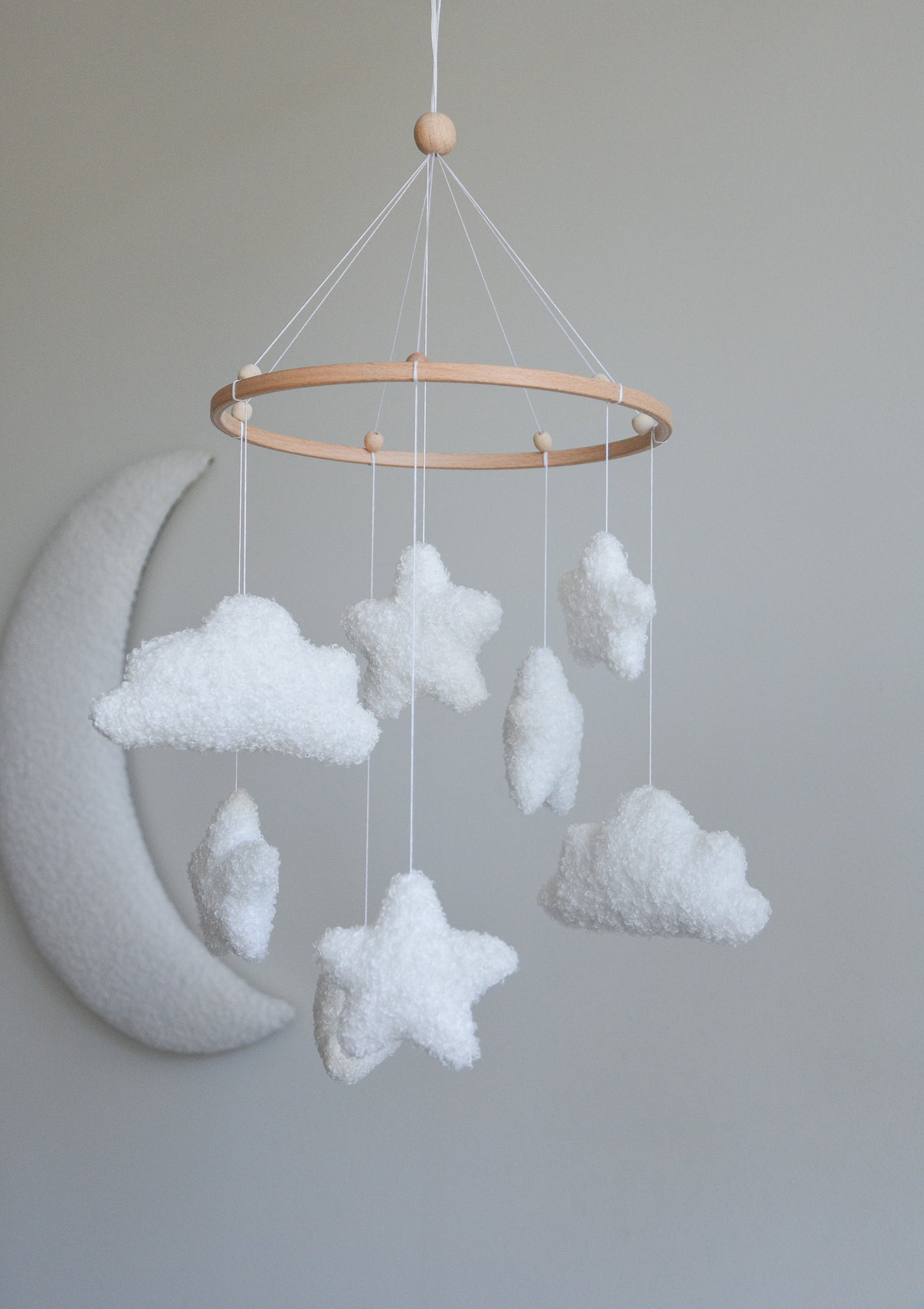 Boucle clouds and moon baby nursery mobile