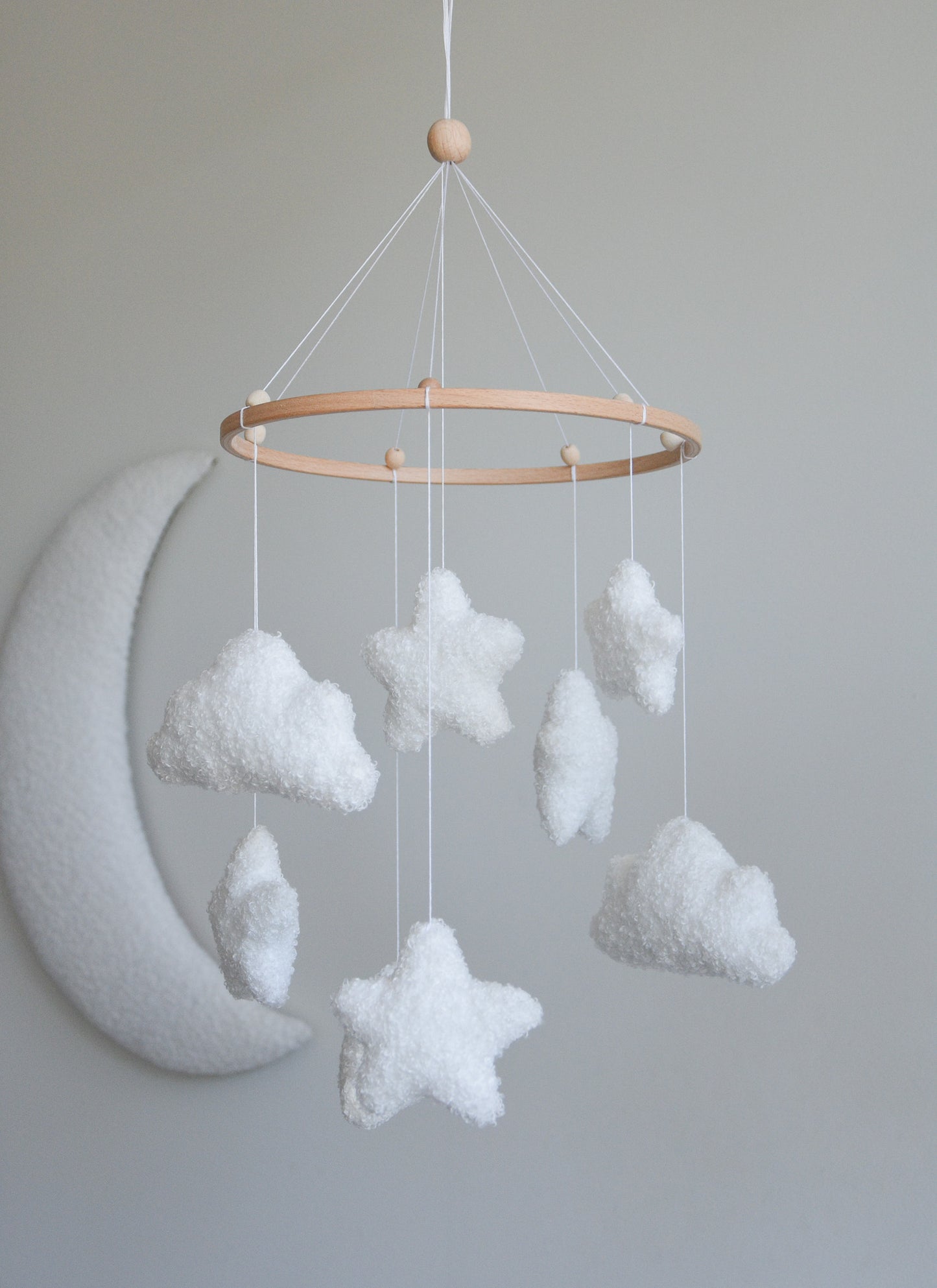 Boucle clouds and moon baby nursery mobile