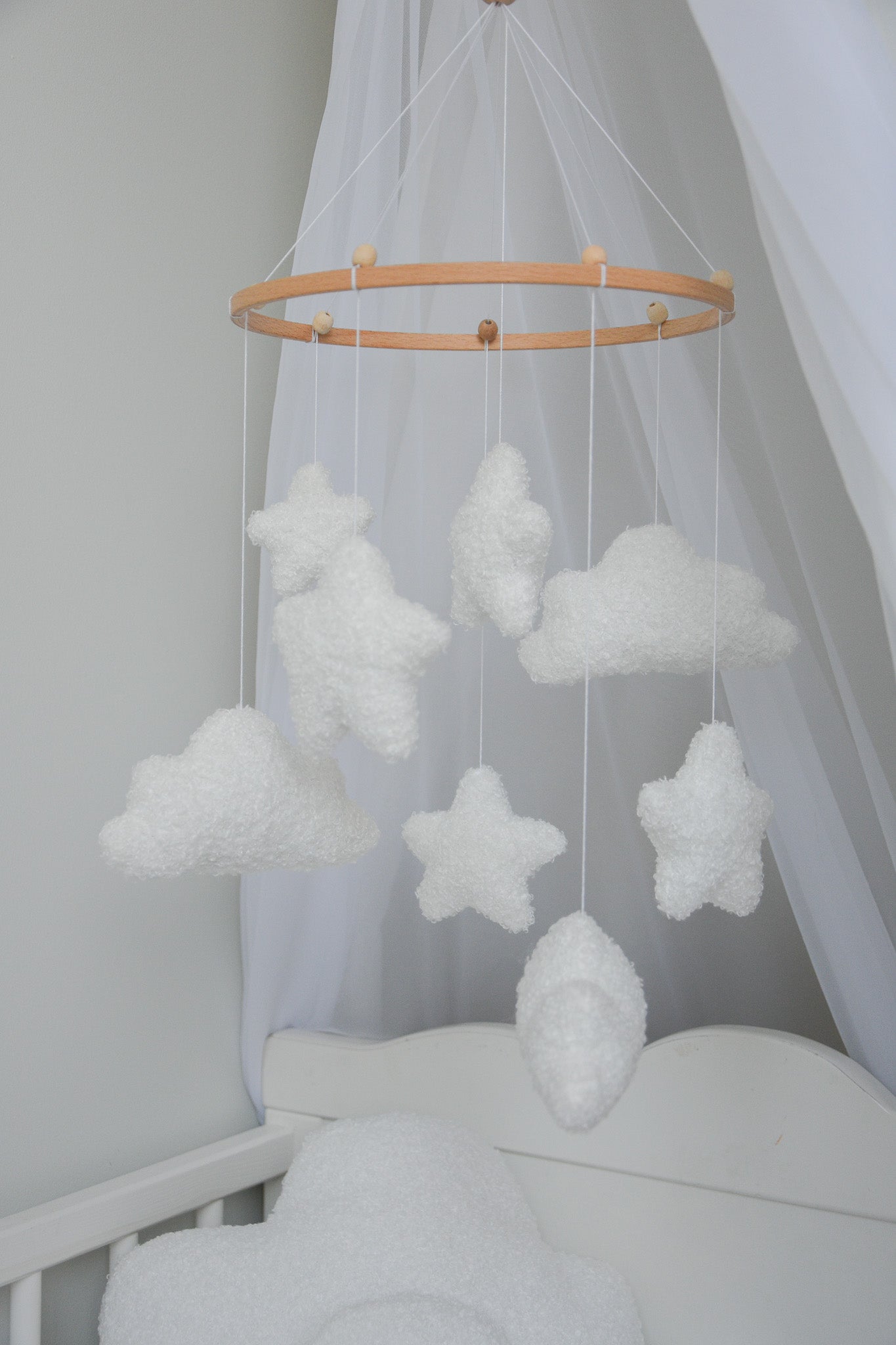 Boucle clouds and moon baby nursery mobile