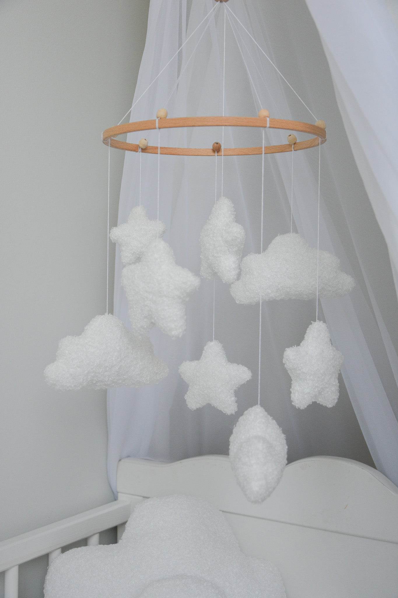Boucle clouds and stars baby nursery mobile - Minidreams Decor