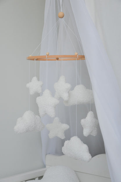 Boucle clouds and moon baby nursery mobile