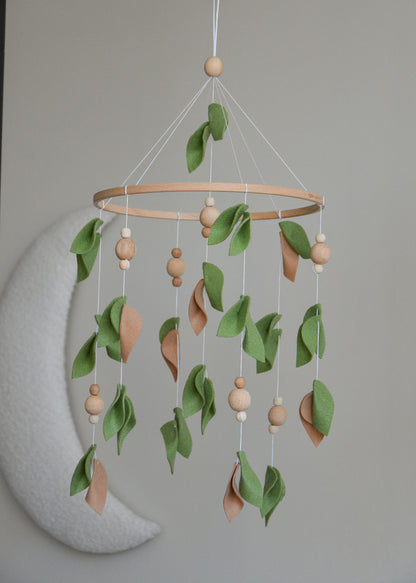 Forest style floral mobile with leaves and wooden pearls