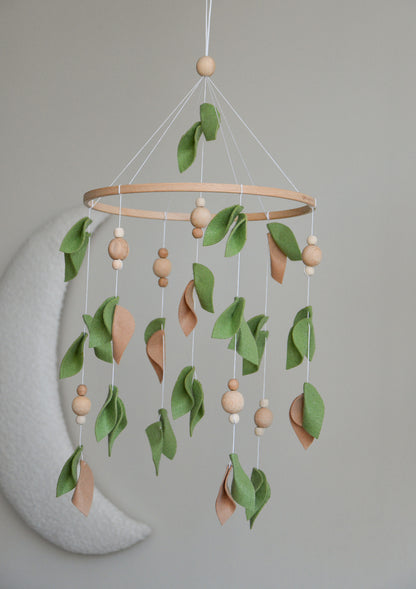 Forest style floral mobile with leaves and wooden pearls