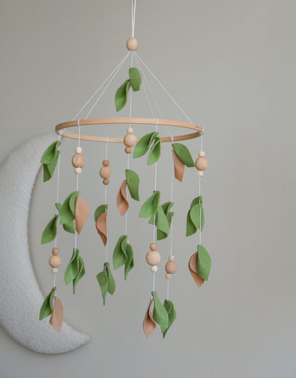 Forest style floral mobile with leaves and wooden pearls